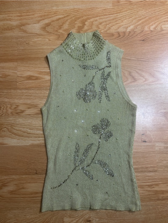 Cache Tops - Cache Olive Green Ribbed Sequin Floral Tank